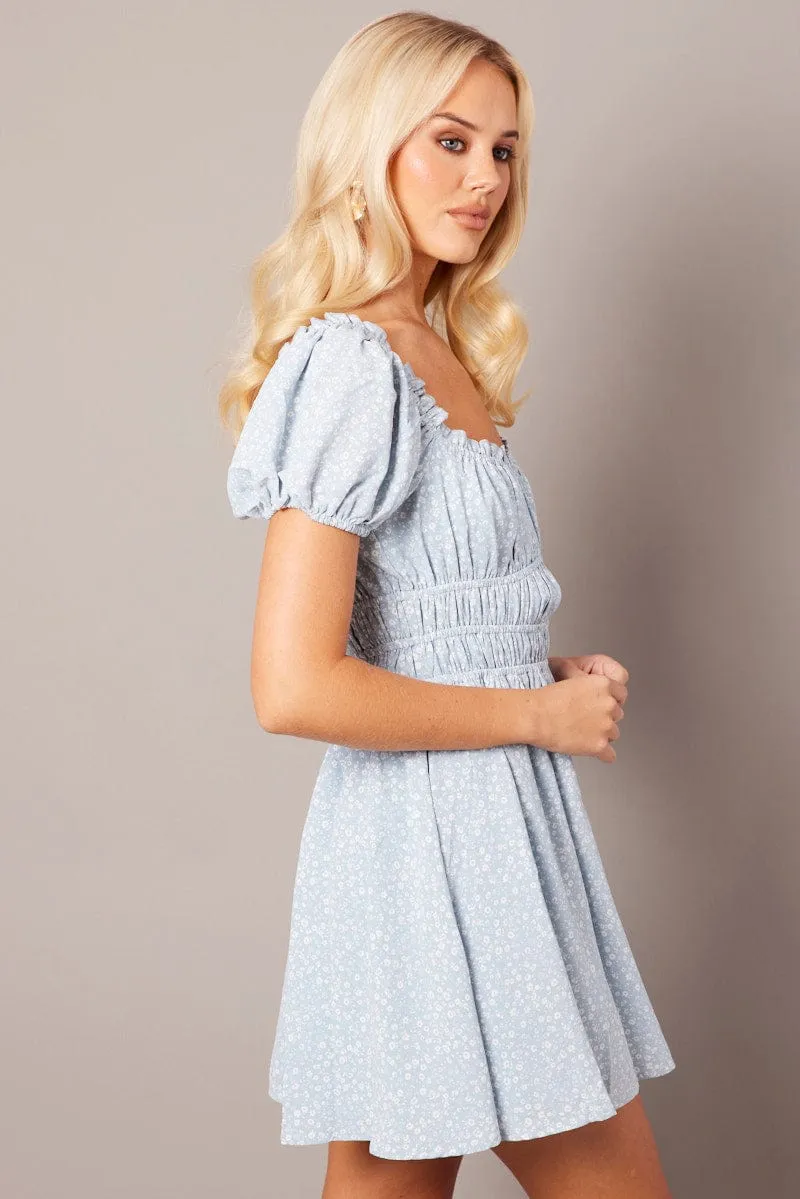 Blue Ditsy Fit And Flare Dress Puff Sleeve sold by Ally Fashion product image thumbnail 4