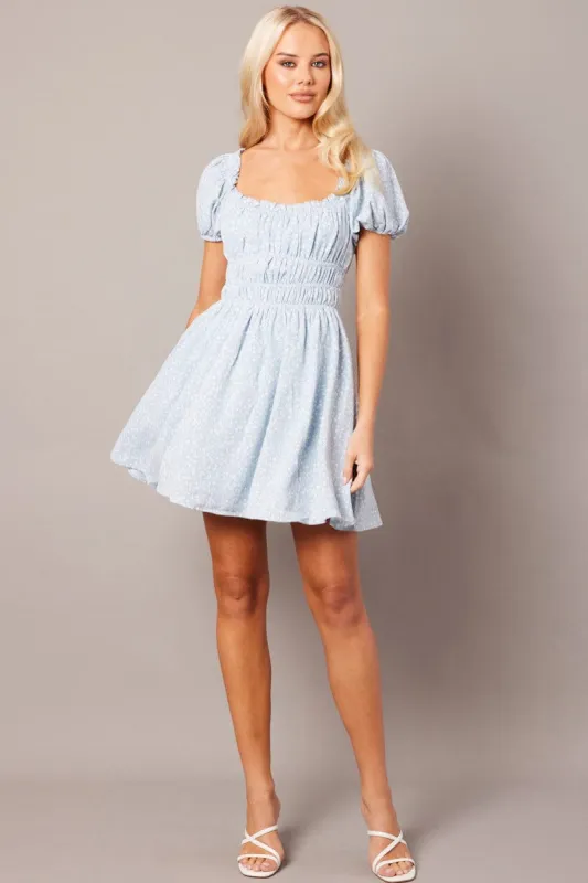 Blue Ditsy Fit And Flare Dress Puff Sleeve sold by Ally Fashion