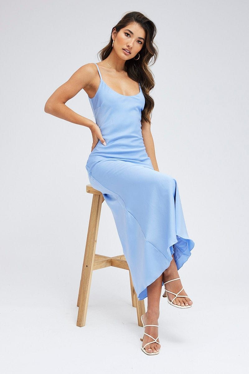 Blue Maxi Dress Sleeveless Scoop Neck Fit & Flare Satin sold by Ally Fashion