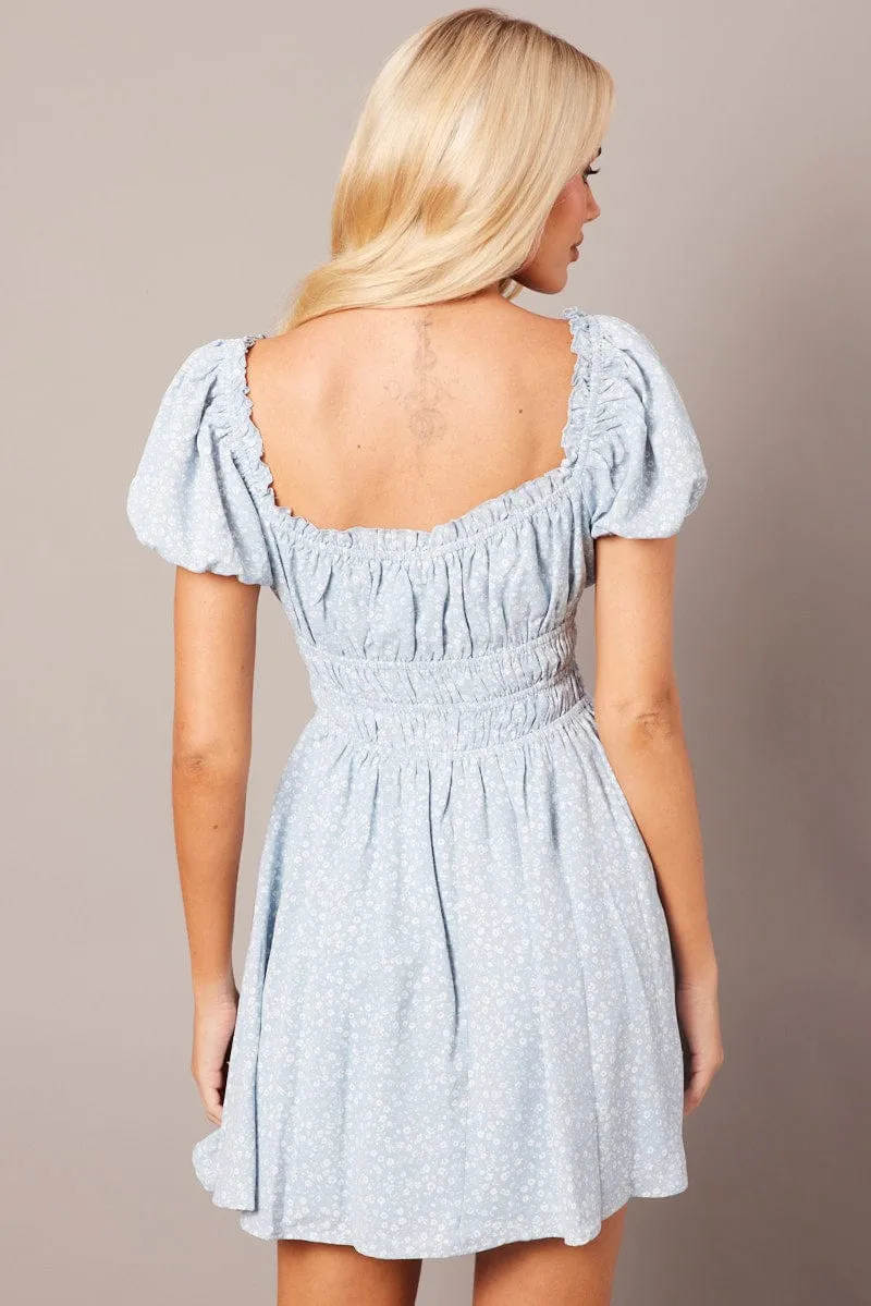 Blue Ditsy Fit And Flare Dress Puff Sleeve sold by Ally Fashion product image thumbnail 5