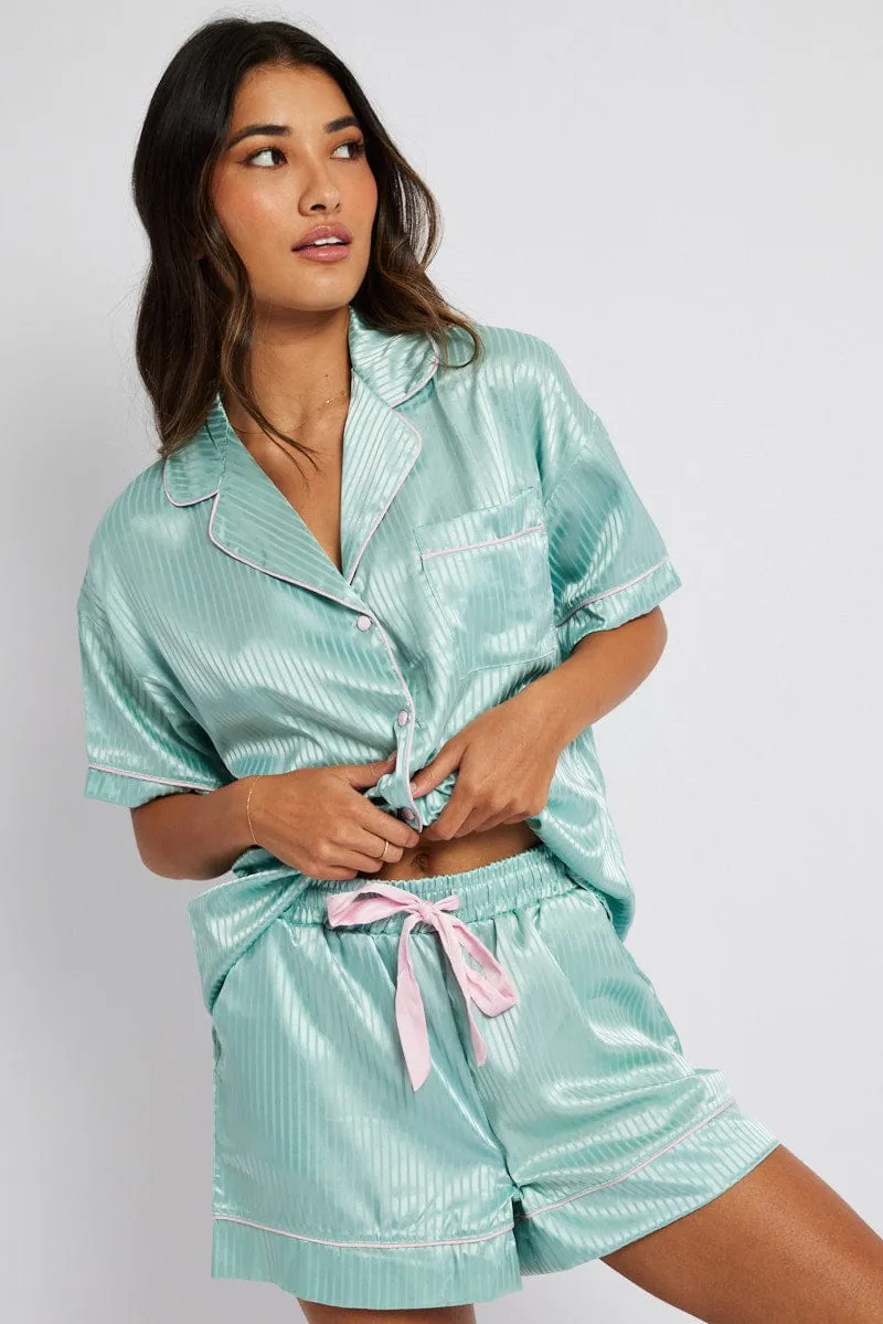 Green Stripe Satin Pj Jacquard Stripe Piping Pyjama Set sold by Ally Fashion