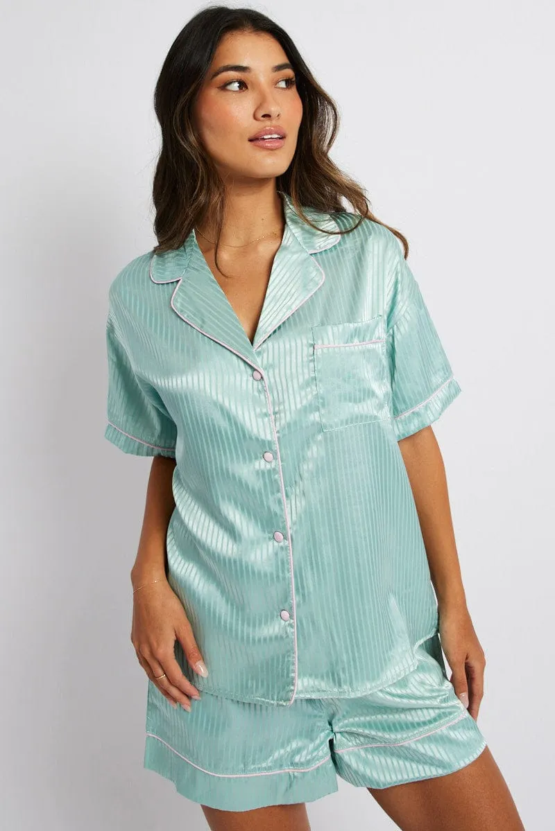 Green Stripe Satin Pj Jacquard Stripe Piping Pyjama Set sold by Ally Fashion product image thumbnail 4