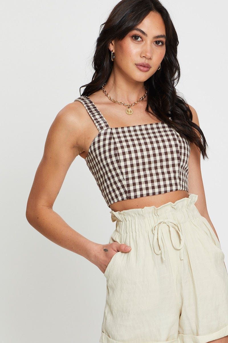 Check Crop Top Sleeveless Square Neck sold by Ally Fashion