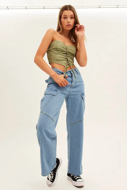 Blue Wide Leg Cargo Pants sold by Ally Fashion