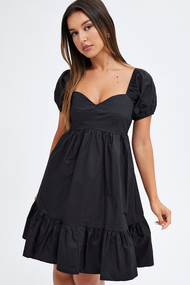 Black Short Sleeve Sweetheart Neck Skater Dress sold by Ally Fashion