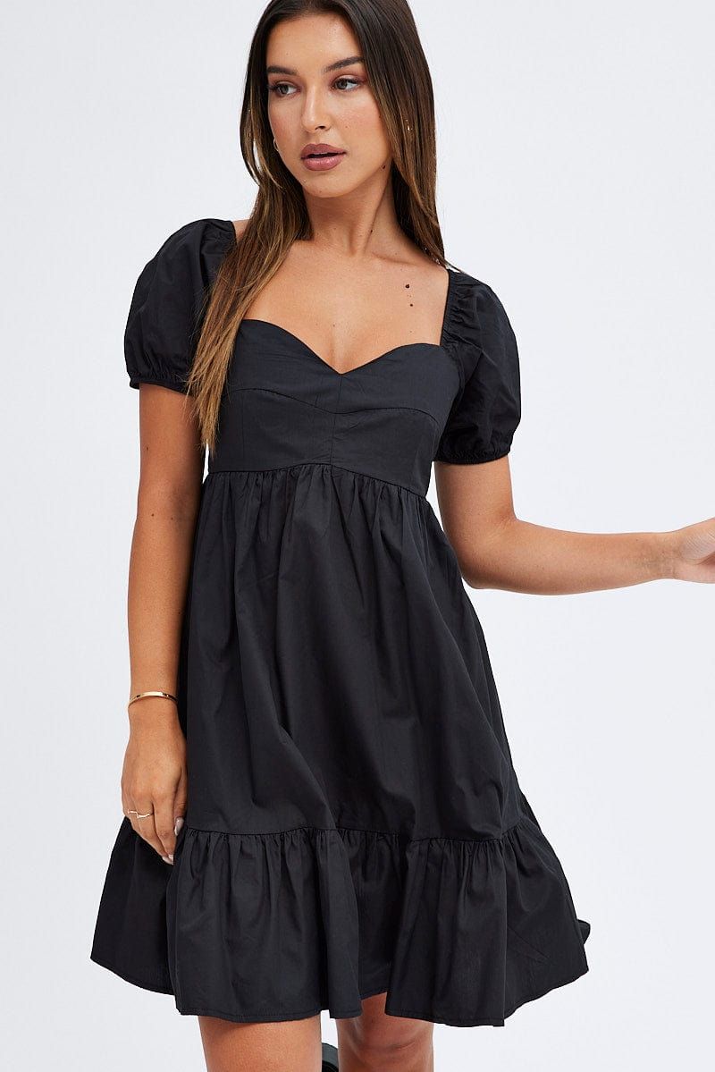 Black Short Sleeve Sweetheart Neck Skater Dress sold by Ally Fashion product image thumbnail 3