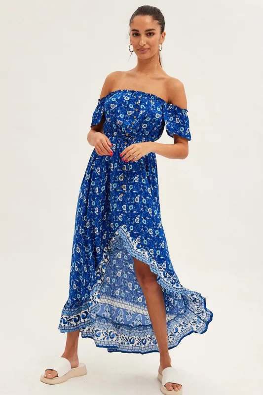 Blue Boho Midi Dress Short Sleeve Ruffle sold by Ally Fashion