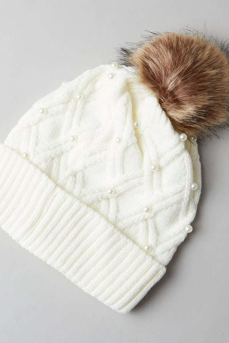 White Faux Fur Pom Pom Beanie sold by Ally Fashion product image thumbnail 2