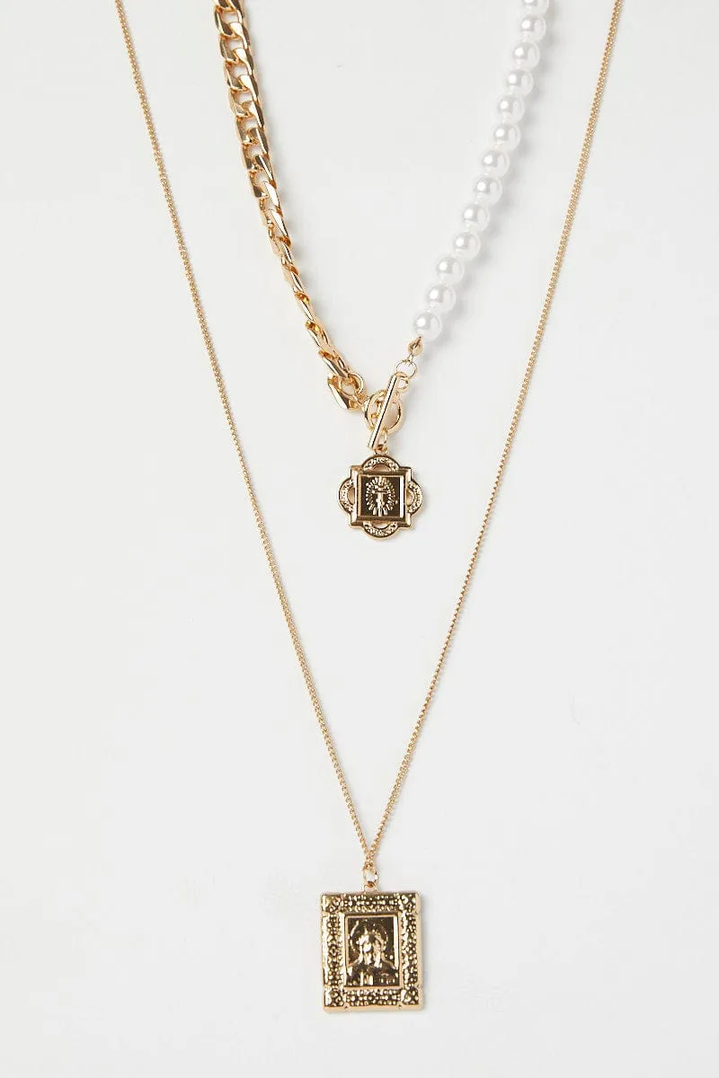 Gold Layered Necklace Pearl and Square Pendant sold by Ally Fashion product image thumbnail 3