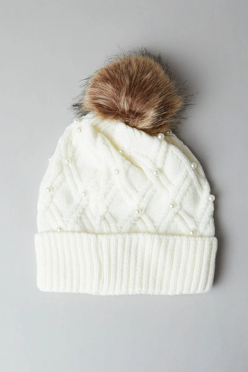 White Faux Fur Pom Pom Beanie sold by Ally Fashion