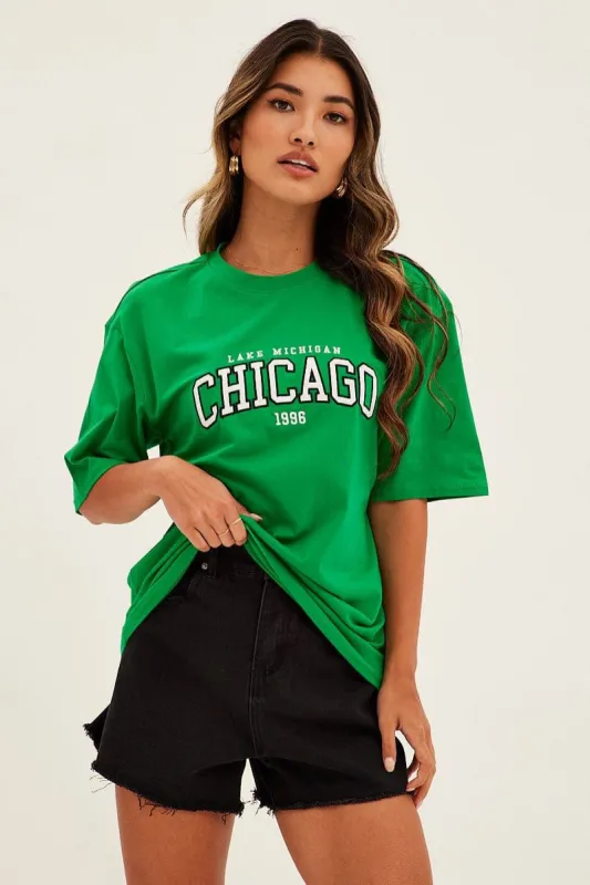 Green Embroidered T-Shirt Short Sleeve Chicago Oversized sold by Ally Fashion