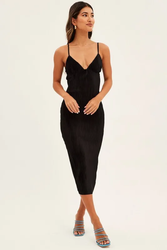 Black Slip Dress Midi Plisse Satin sold by Ally Fashion