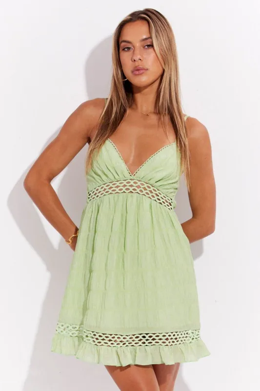 Green Textured Dress V Neck A Line Sleeveless sold by Ally Fashion