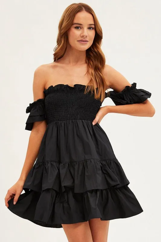 Black Off Shoulder Dress Tiered Ruched Bodice sold by Ally Fashion
