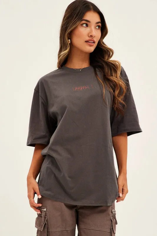 Grey Graphic T-Shirt Short Sleeve Crew Neck Oversized sold by Ally Fashion
