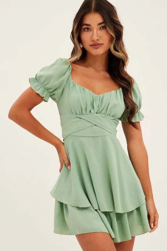 Green Playsuit Short Sleeve V Neck Tie Waist sold by Ally Fashion