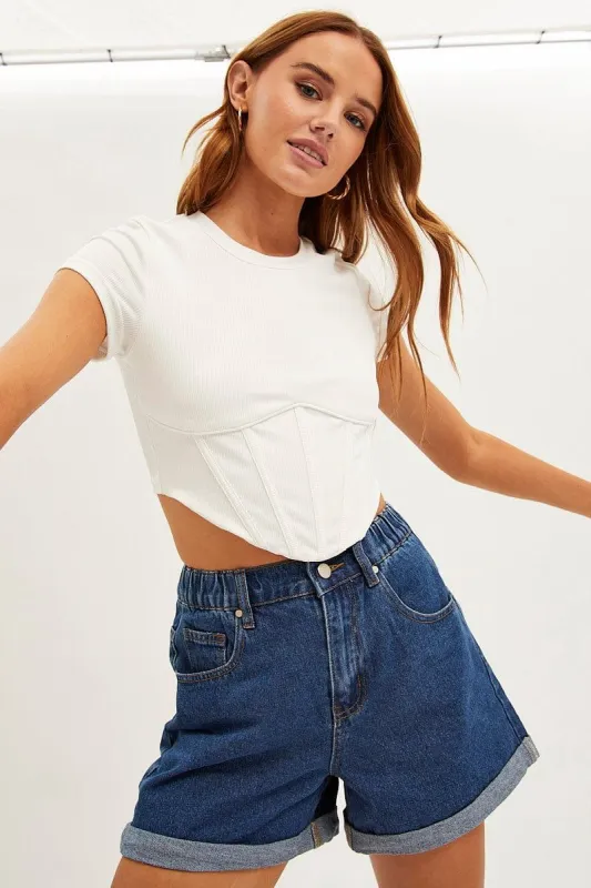 White Corset Top Short Sleeve Crew Neck Crop Baby Tee sold by Ally Fashion