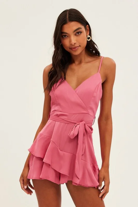 Pink Wrap Playsuit Sleeveless Textured Satin sold by Ally Fashion