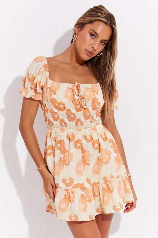 Orange Floral Skater Dress Short Sleeve Orange Floral Print sold by Ally Fashion