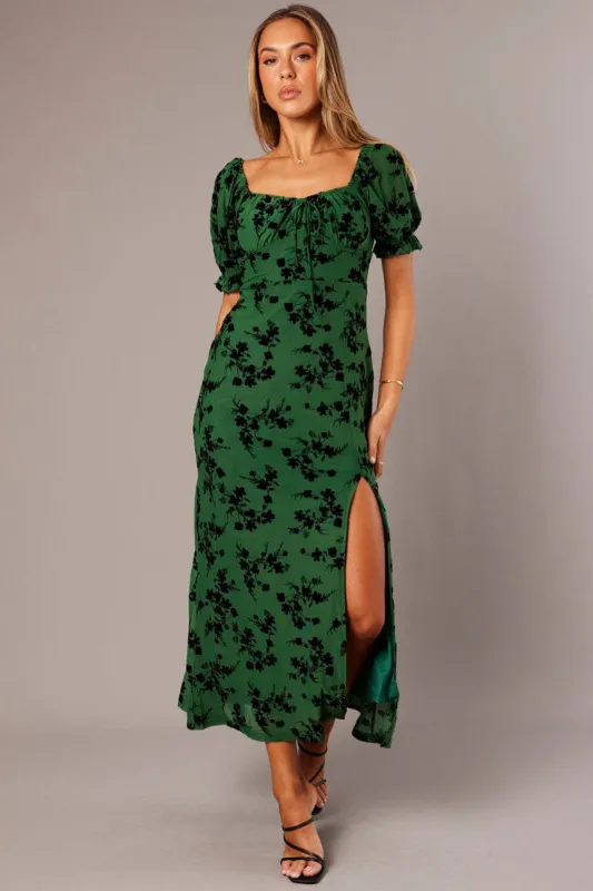 Green Midi Dress Puff Sleeve Burn Out sold by Ally Fashion