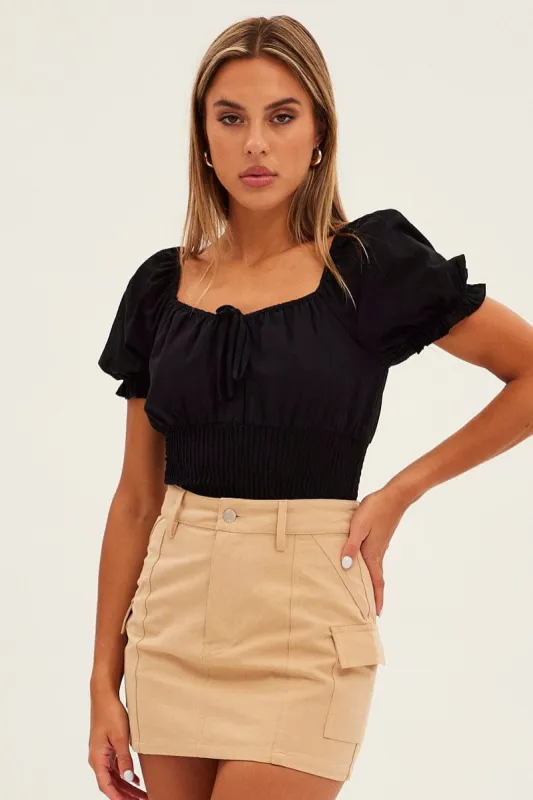 Black Bodysuit Short Sleeve Sweetheart Shirred Waist sold by Ally Fashion