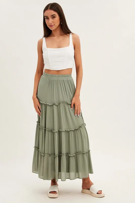 Green Maxi Skirt High Rise Tiered sold by Ally Fashion