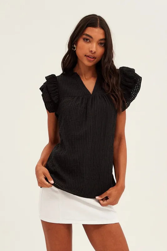 Black Ruffle Sleeve Top sold by Ally Fashion