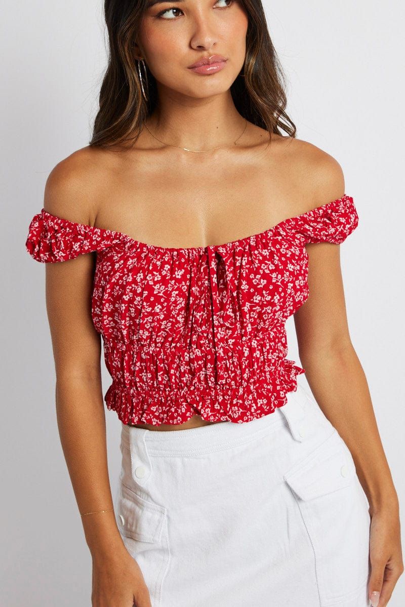 Red Ditsy Crop Top Short Sleeve sold by Ally Fashion