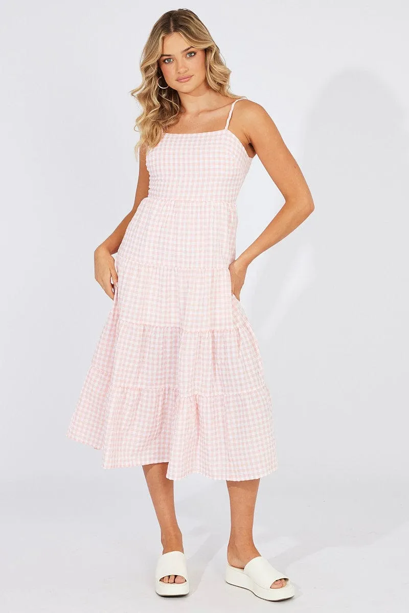 Pink Check Midi Dress Sleeveless Tie Back sold by Ally Fashion