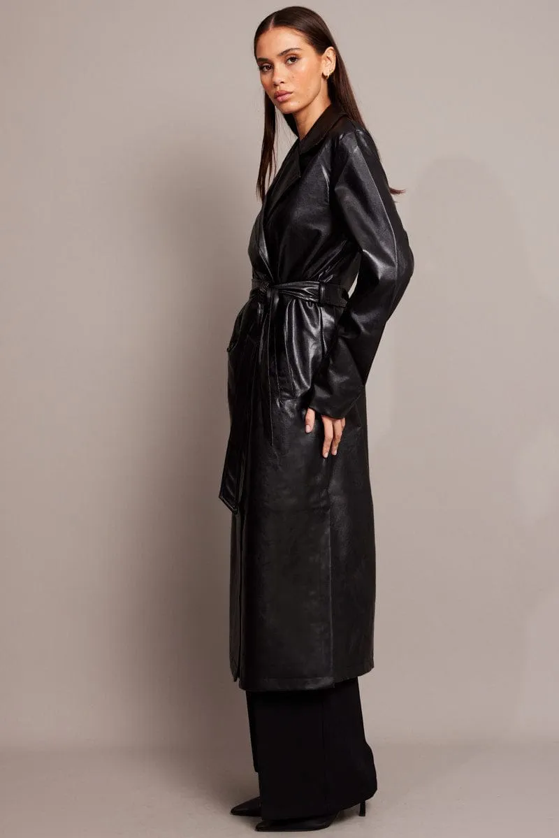 Black Trench Coat Long Sleeves Faux Leather sold by Ally Fashion product image thumbnail 4
