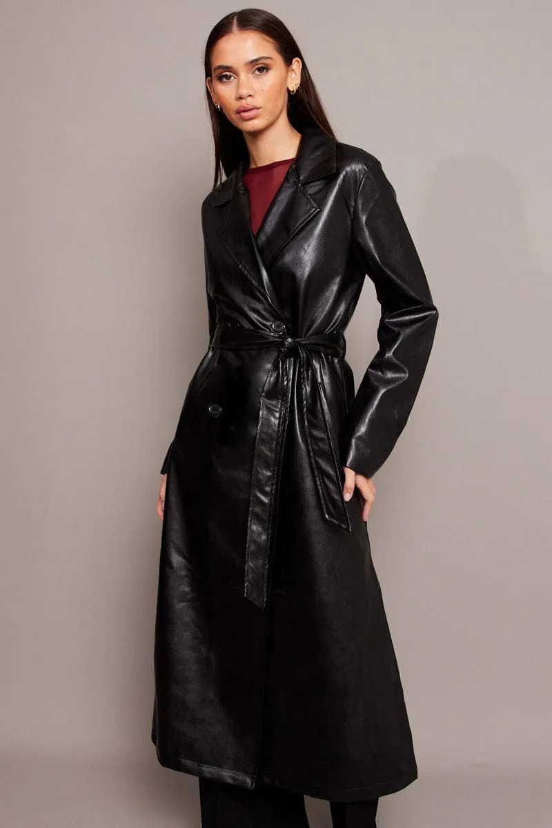 Black Trench Coat Long Sleeves Faux Leather sold by Ally Fashion