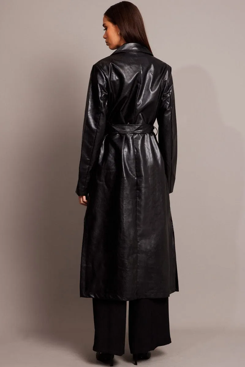 Black Trench Coat Long Sleeves Faux Leather sold by Ally Fashion product image thumbnail 5