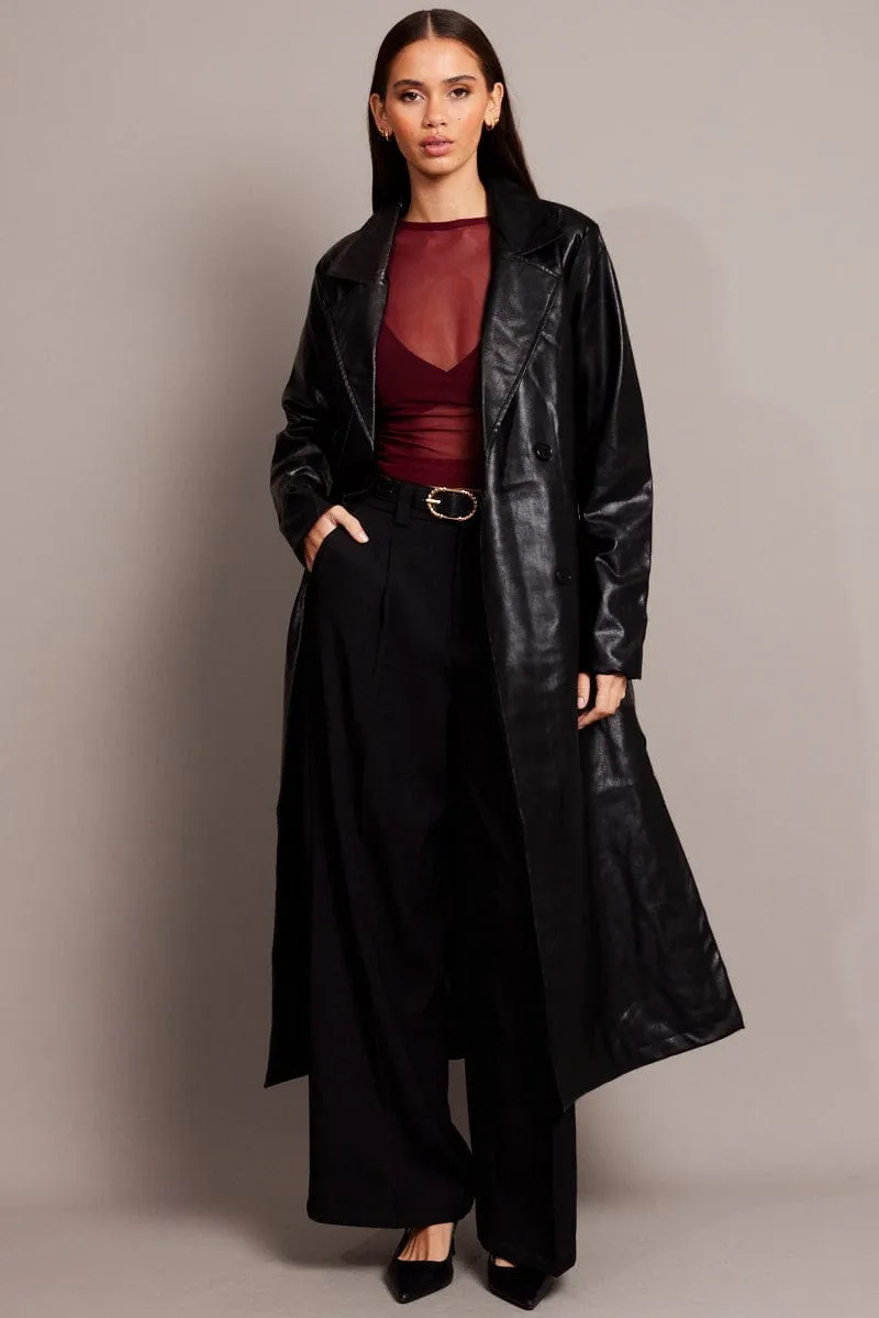 Black Trench Coat Long Sleeves Faux Leather sold by Ally Fashion product image thumbnail 2
