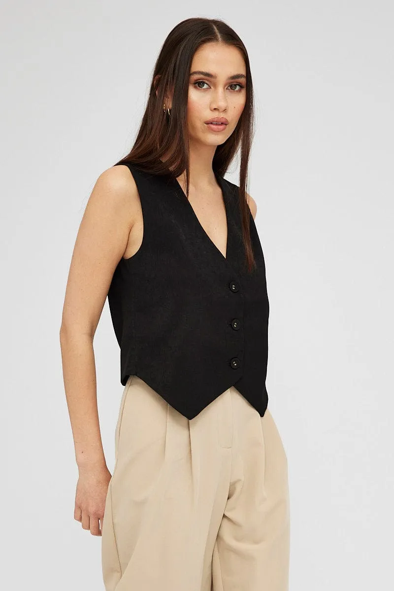Black Top Waistcost Sleeveless V Neck Button Up Relaxed sold by Ally Fashion