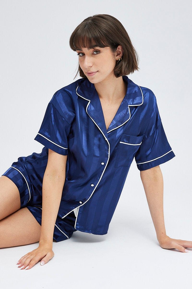 Green Stripe Satin Stripe Pj Contrast Piping Pyjama Set sold by Ally Fashion