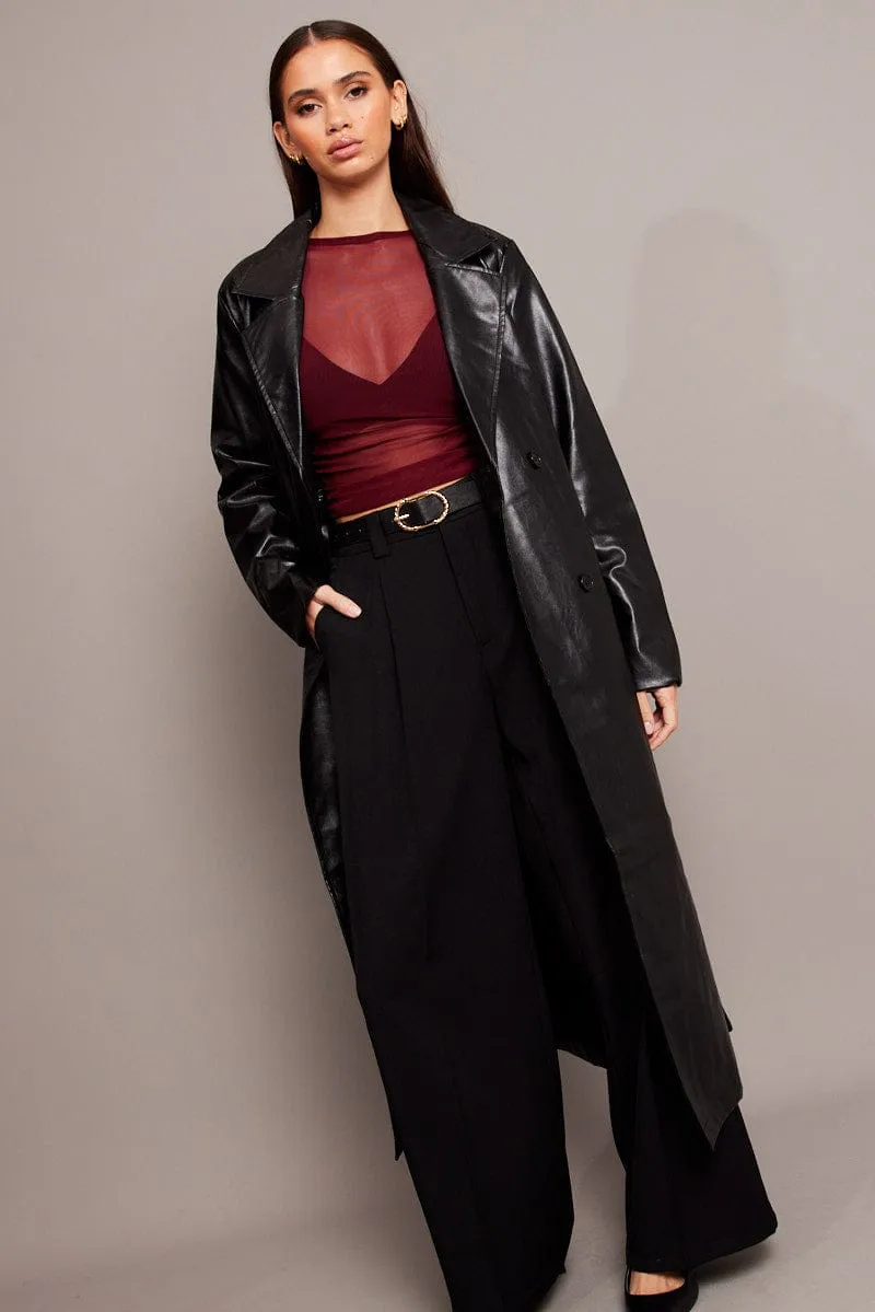 Black Trench Coat Long Sleeves Faux Leather sold by Ally Fashion product image thumbnail 3