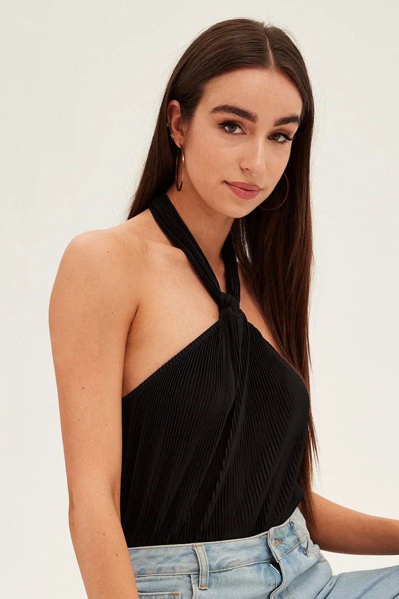 Black Plisse Bodysuit Twist Halter Sleeveless sold by Ally Fashion