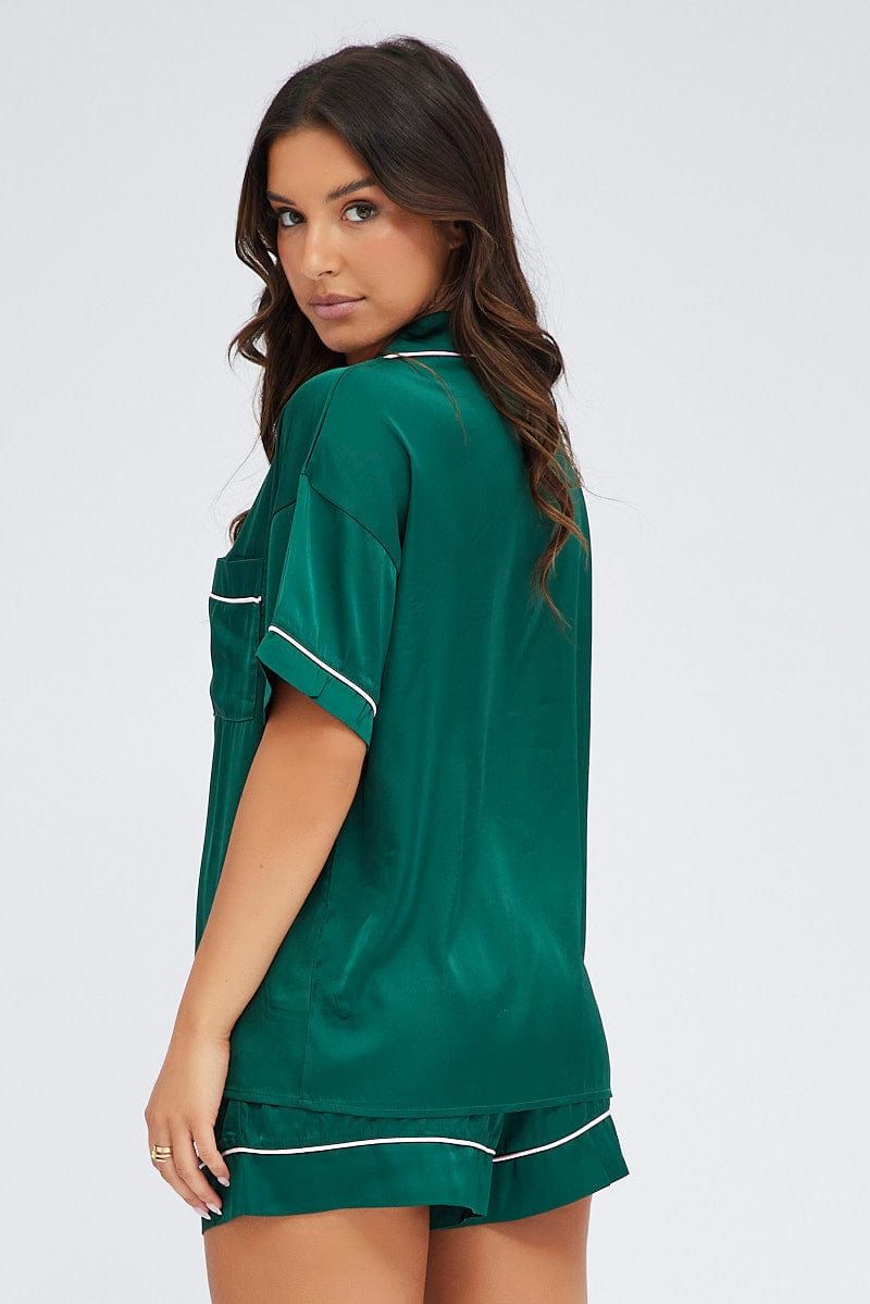 Green Pyjama Set Short Sleeve Satin Pink Piping PJ sold by Ally Fashion product image thumbnail 5