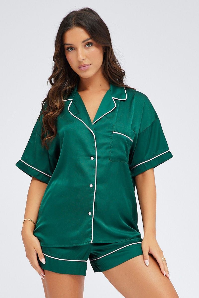 Green Pyjama Set Short Sleeve Satin Pink Piping PJ sold by Ally Fashion product image thumbnail 3