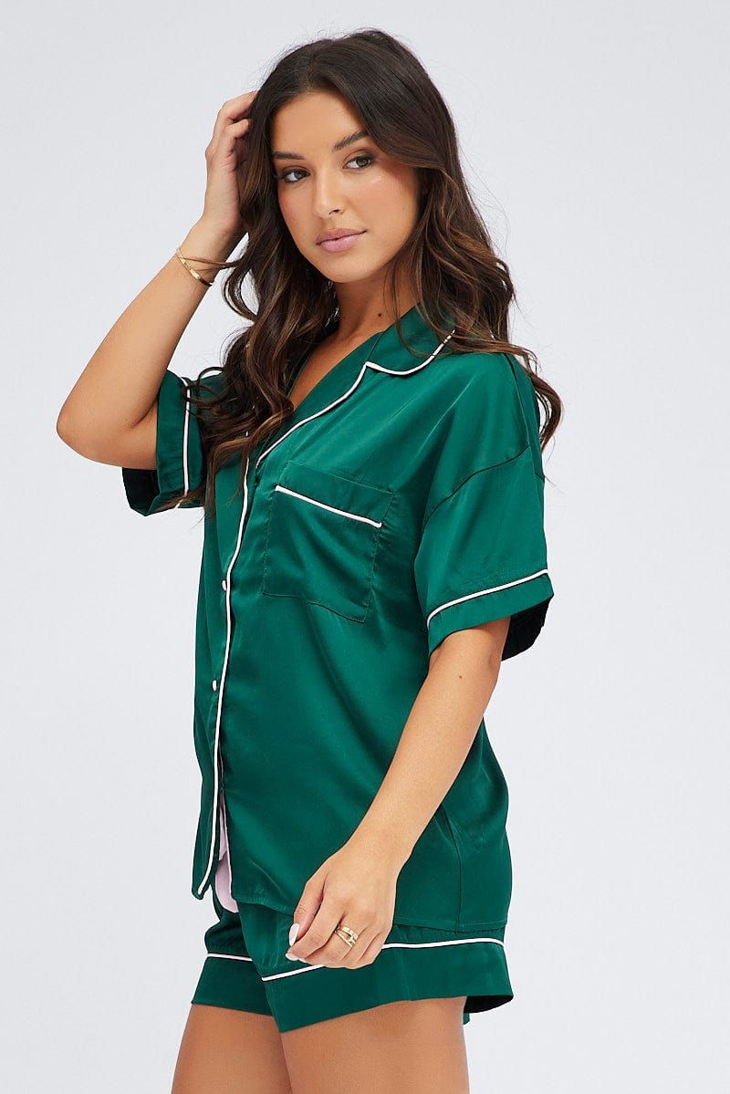 Green Pyjama Set Short Sleeve Satin Pink Piping PJ sold by Ally Fashion product image thumbnail 4