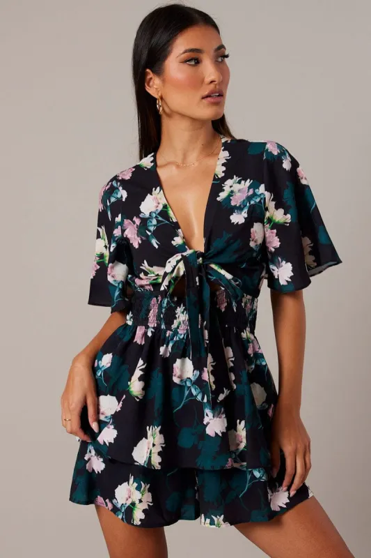 Black Floral Fit And Flare Playsuit sold by Ally Fashion