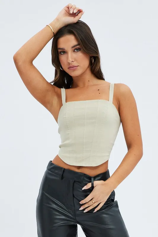 Camel Corset Crop Top Straps Shirring Back sold by Ally Fashion