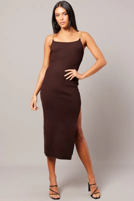 Brown Knit Dress Chain Shoulder sold by Ally Fashion