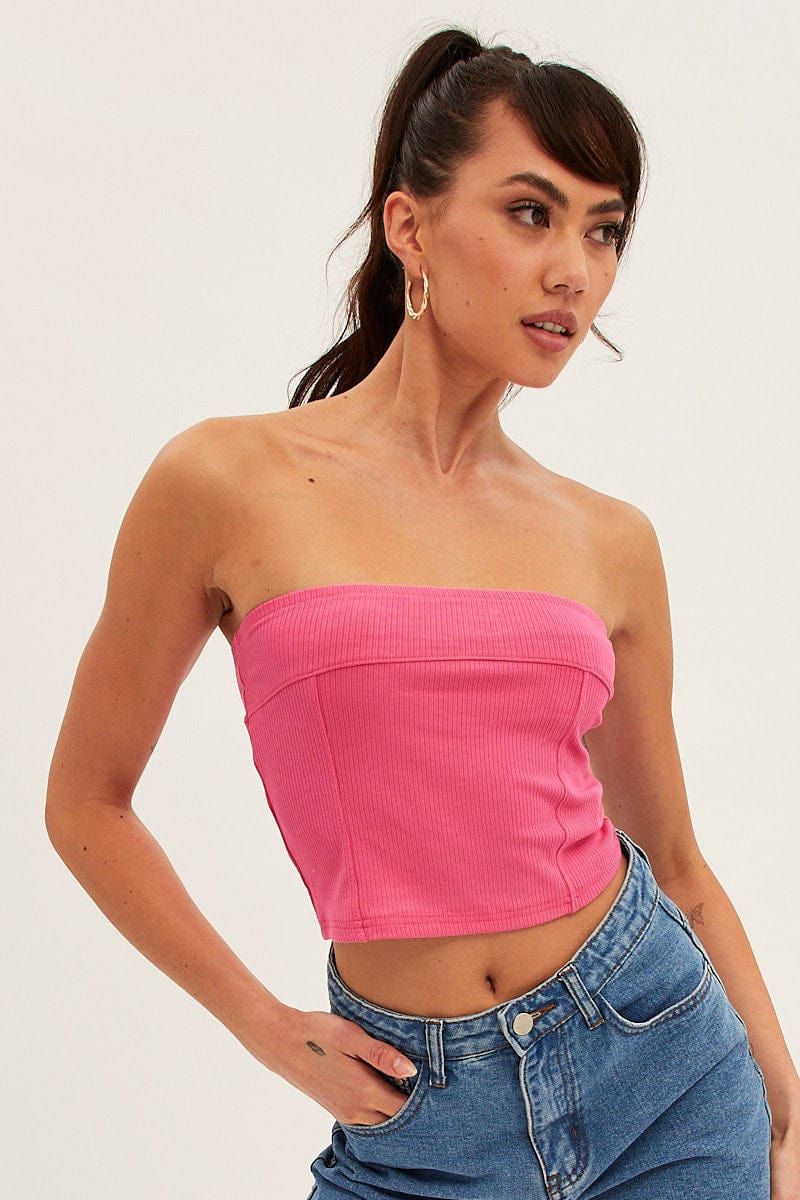 Pink Tube Top Bandeau Panel Detail Rib Strapless sold by Ally Fashion product image thumbnail 3