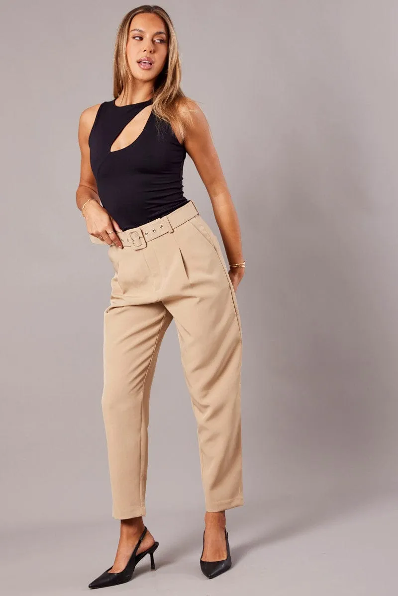Beige Tapered Pants High Rise Belted sold by Ally Fashion product image thumbnail 3
