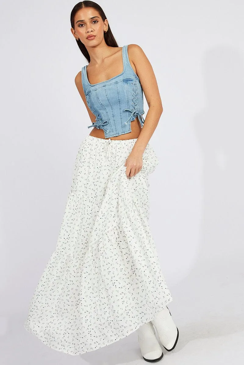 White Ditsy Maxi Skirt Elasticated Waist sold by Ally Fashion