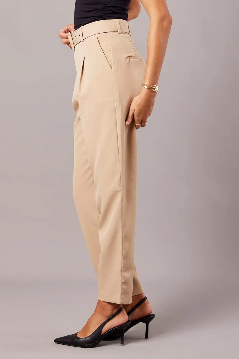 Beige Tapered Pants High Rise Belted sold by Ally Fashion product image thumbnail 4
