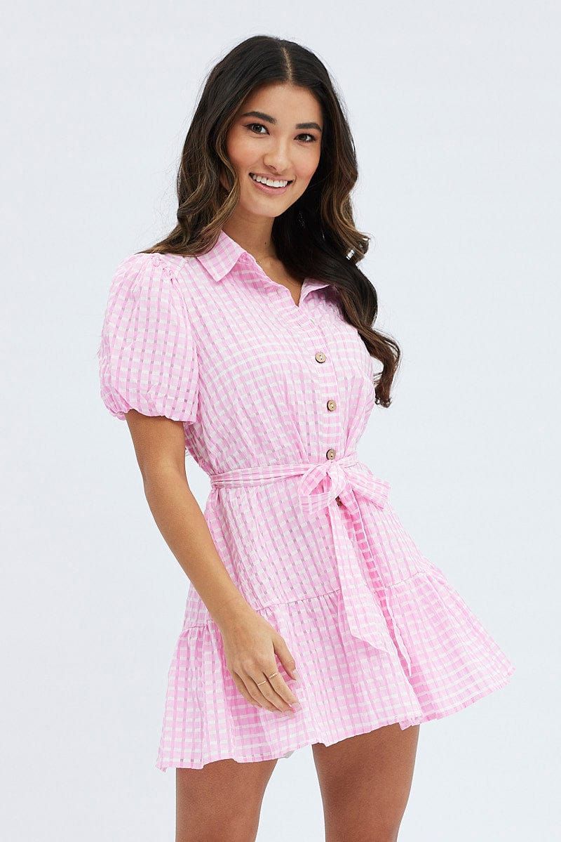 Pink Shirts Dress Puff Sleeve Mini sold by Ally Fashion