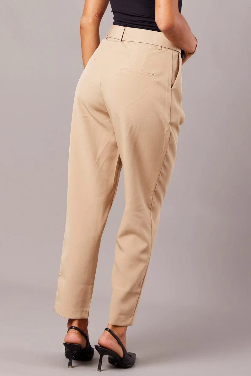 Beige Tapered Pants High Rise Belted sold by Ally Fashion product image thumbnail 5