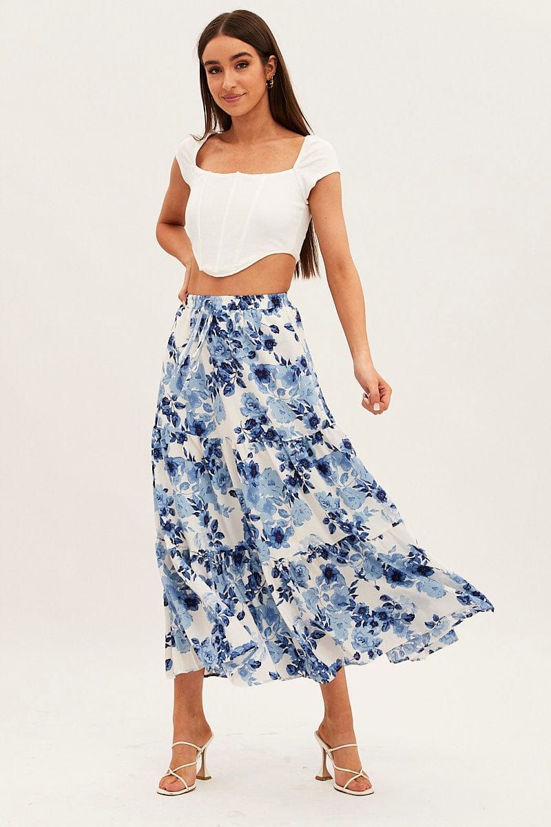 Blue Floral Maxi Skirt High Rise Tiered sold by Ally Fashion product image thumbnail 3